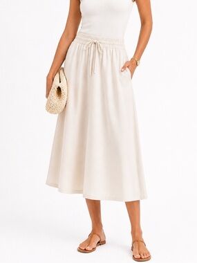 Spanx Sz XL Luxe Drape MIDI Skirt Cream Classic  Minimalist Workwear Travel Boho